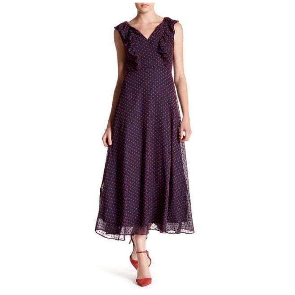 Eva Franco Anthropologie Maxi Polka Dot Navy Blue Sleeveless V-neckline Dress